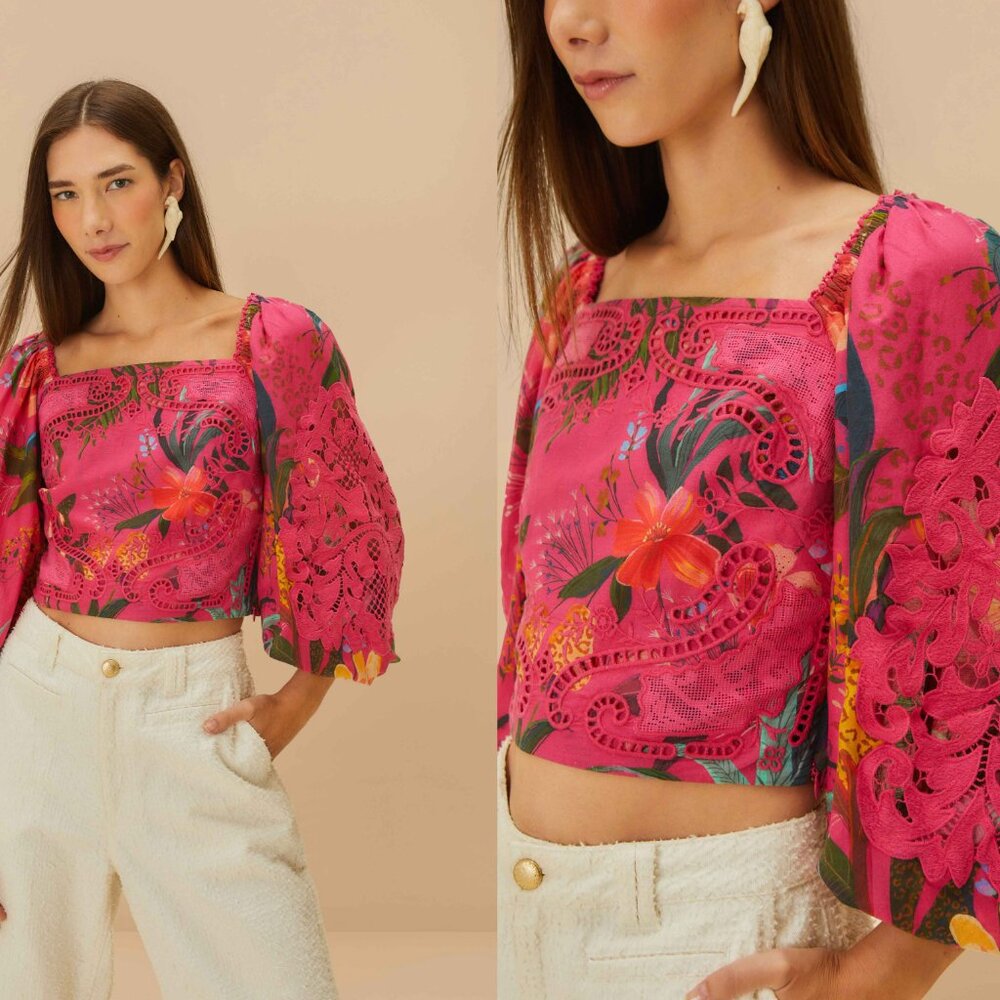 FARM Rio pink leopard flowers lace blouse S
